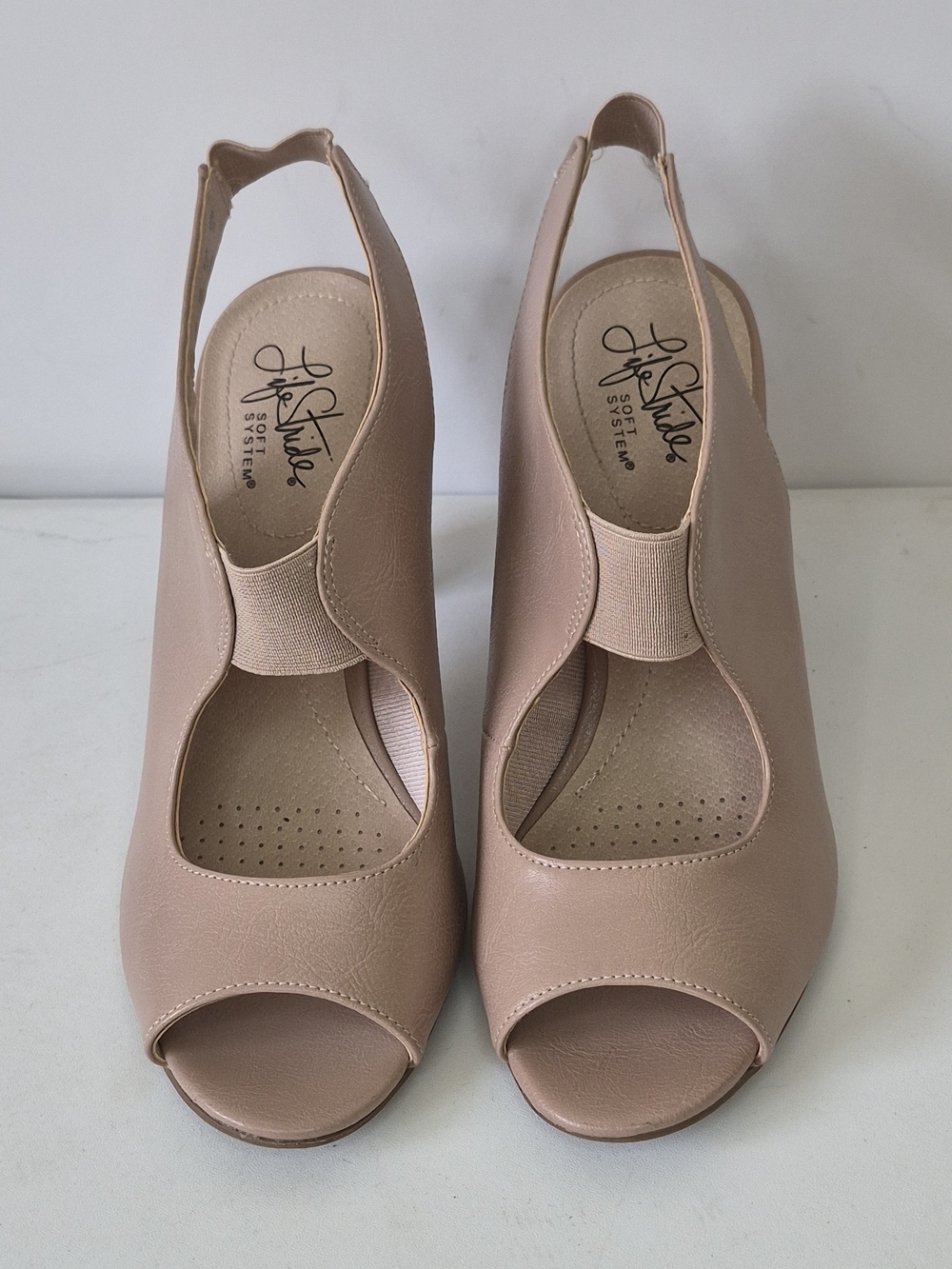 Life Stride Women's Nude Peep-Toe Slingback Wedge - Nude Size 7